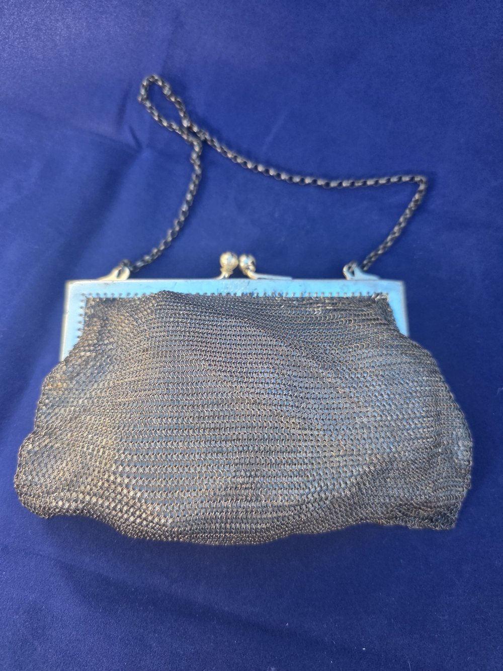 Vintage Black Mesh Evening Clutch with Blue Frame